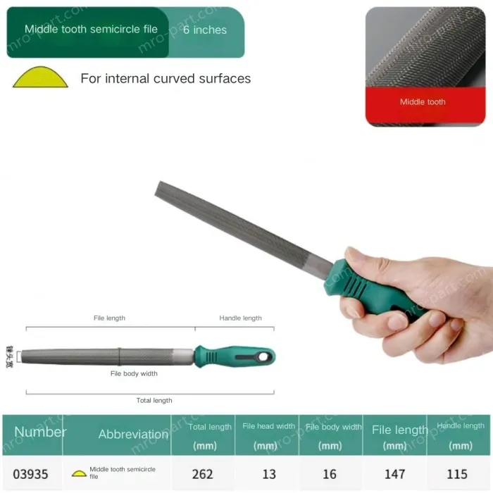 Medium tooth semi-circular file 6 inches, total length 262mm