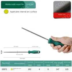 The medium tooth round file is 6 inches and has a total length of 262mm