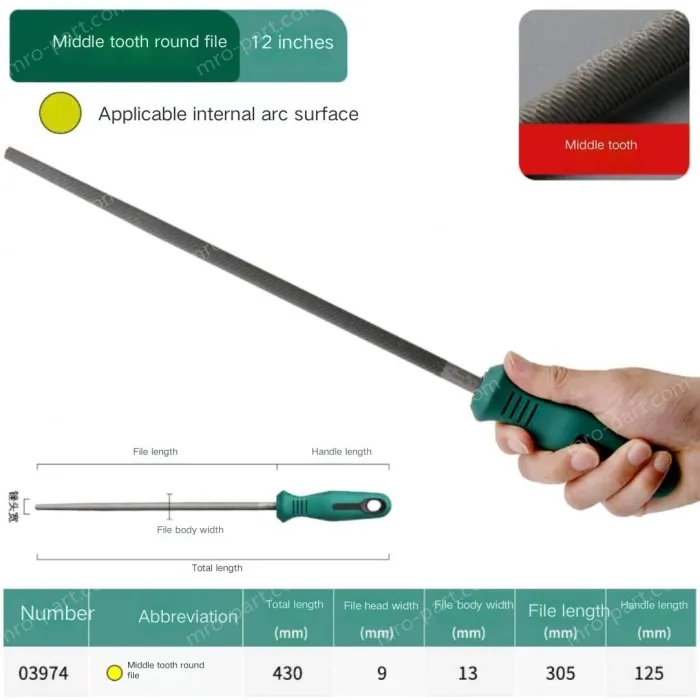 Medium tooth round file 12 inches with a total length of 430mm