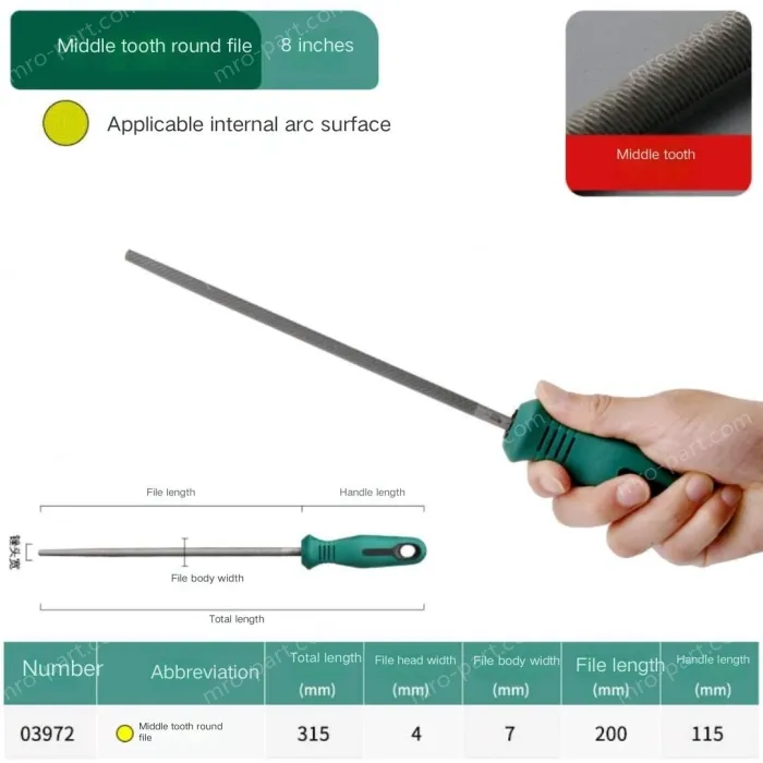 The medium tooth round file is 8 inches and has a total length of 315mm