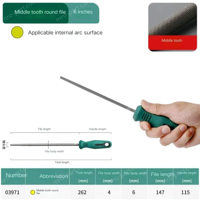 The medium tooth round file is 6 inches and has a total length of 262mm