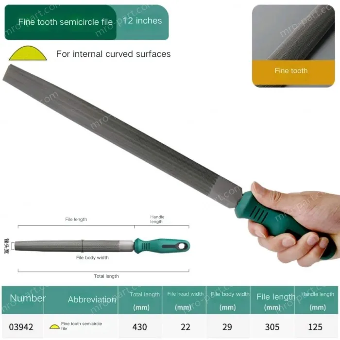 Fine-toothed semi-circular file 12 inches with a total length of 430mm