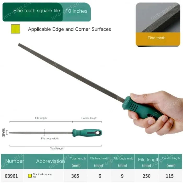 Fine-toothed square file 10 inches with a total length of 365mm