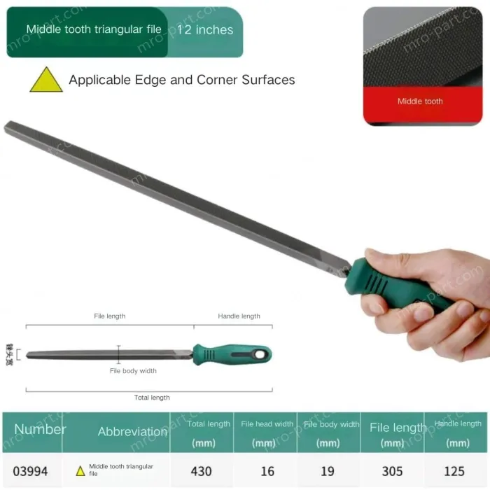 Medium tooth triangular file 12 inches with a total length of 430mm