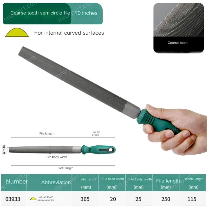 Coarse tooth semi-circular file 10 inches with a total length of 365mm